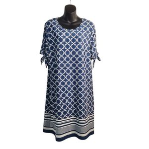 Tacera Dress Women's Navy & White Tie Short Sleeve Shift Dress Size Large